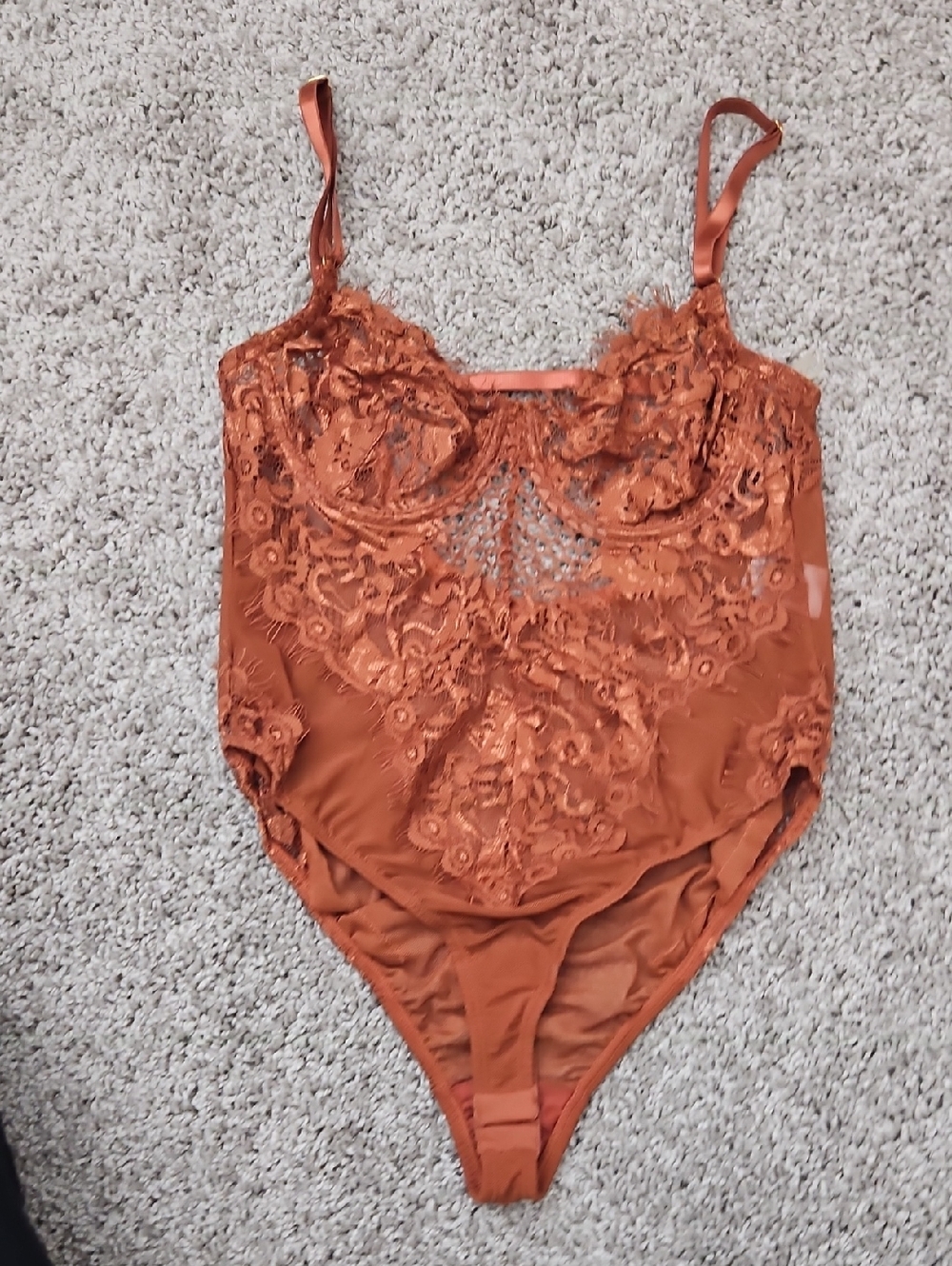 Lace Embroidered Satin Bodysuit in Rust